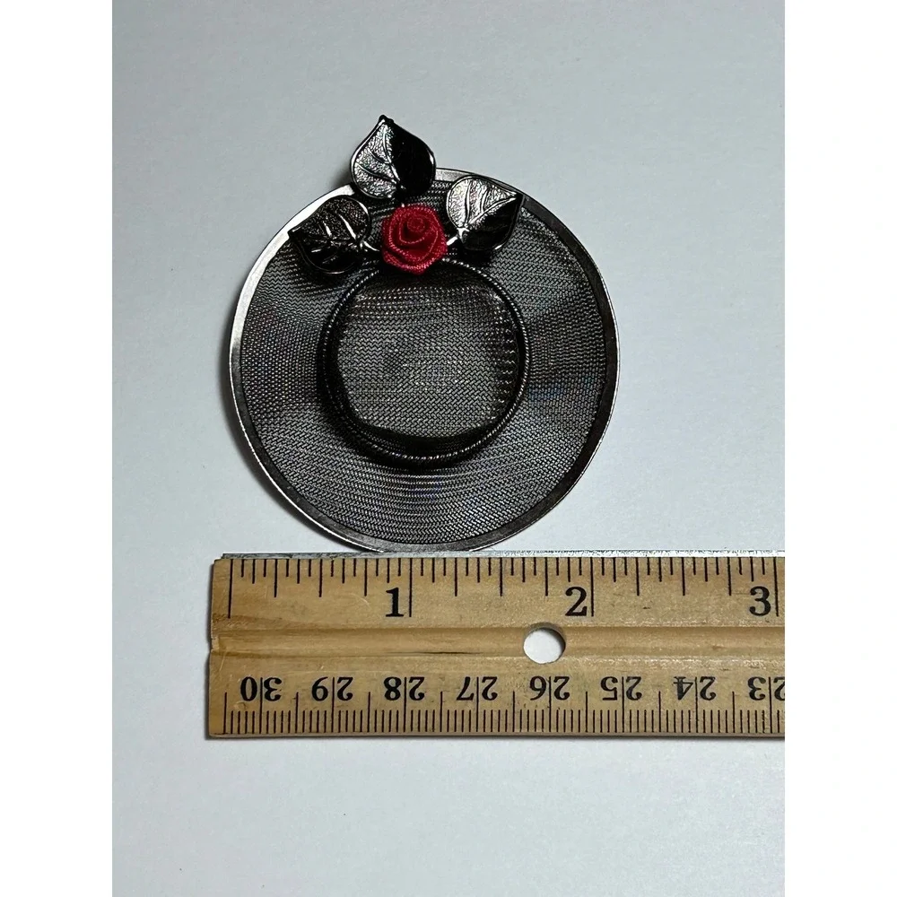Unique Metal Hat Brooch Red‎ Flower Wide Brim Pewter Color